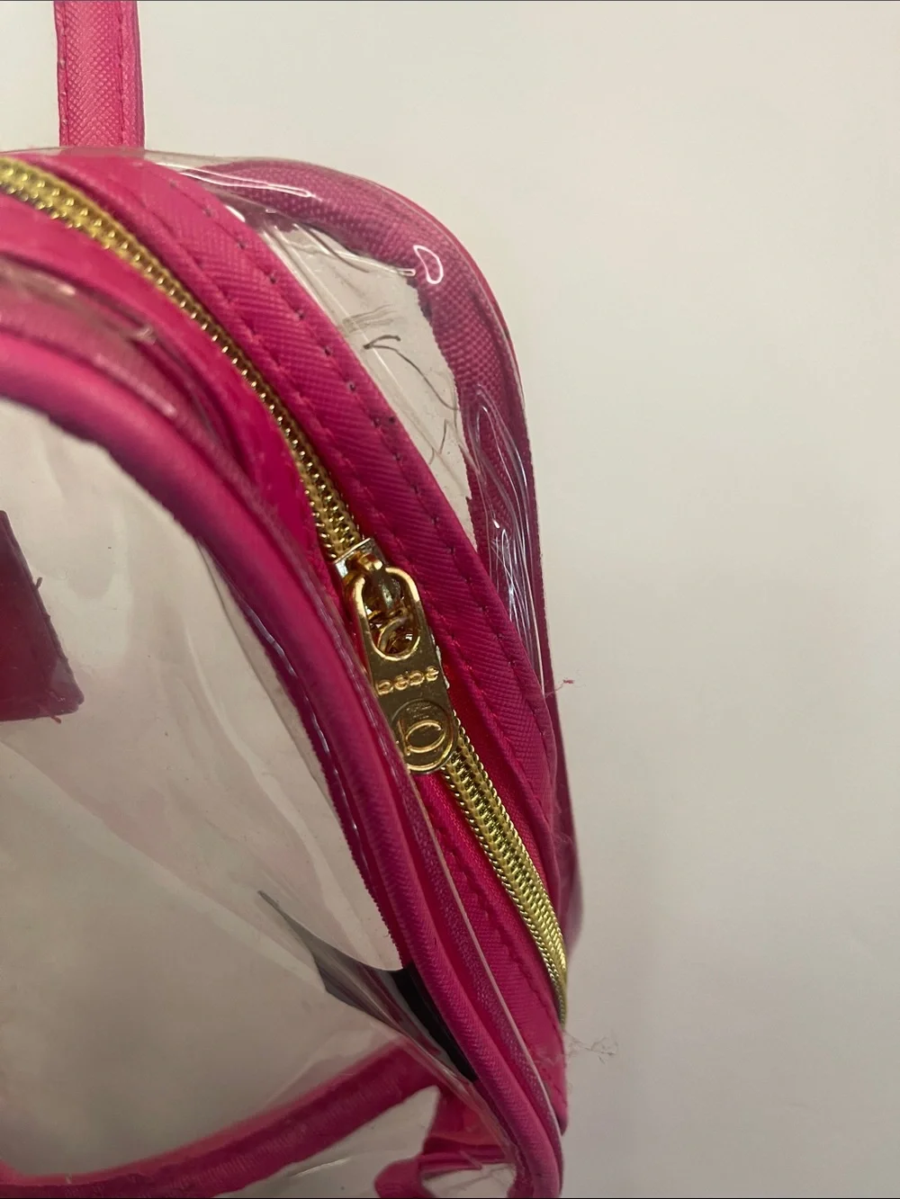 bebe Hot Pink Clear Cosmetic Tote with Gold Logo Plaque
